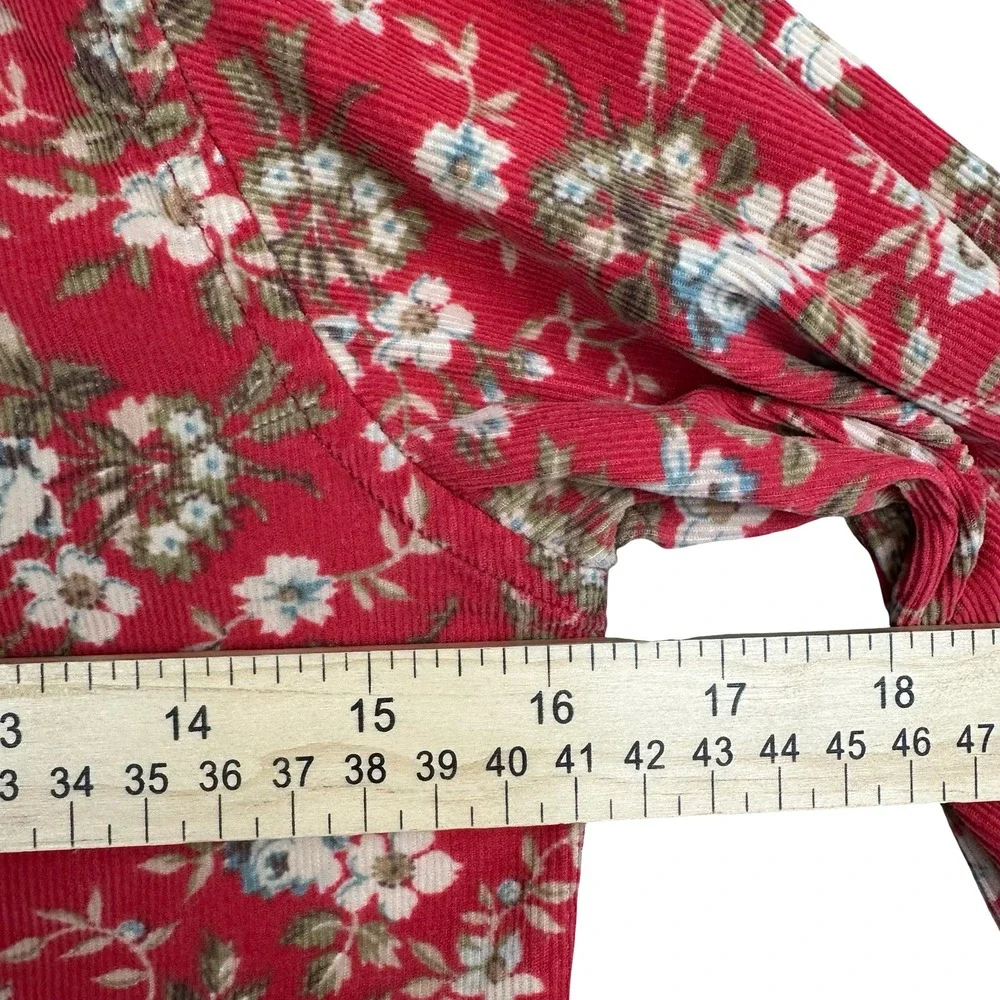 Ralph Lauren Floral Corduroy Button Down Shirt Girls L Red Cotton Long Sleeve